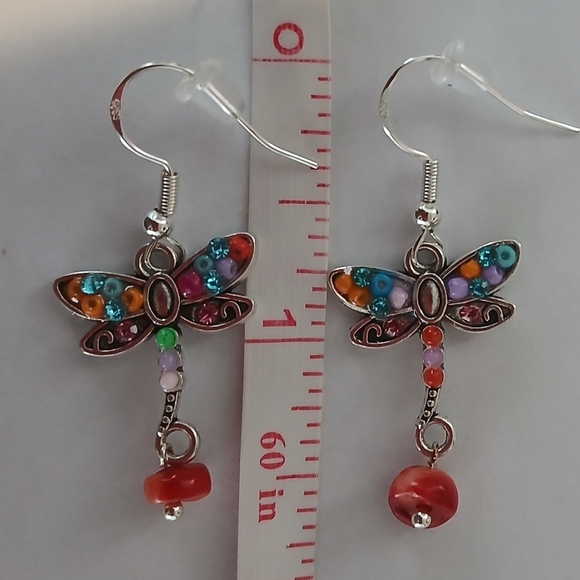 Red and Blue Dragonfly Earrings with Silver Hooks - Picture 4 of 4
